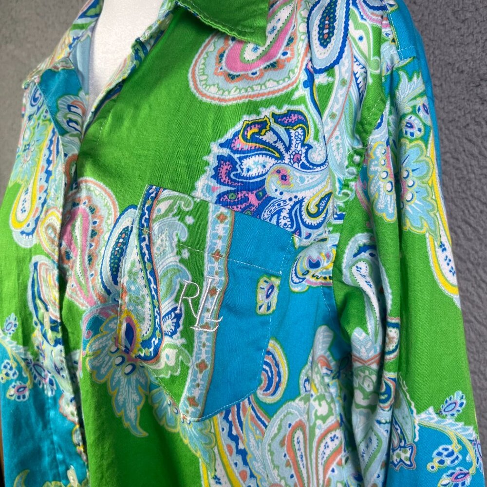 Lauren Ralph Lauren Pajama Dress Womens Medium Green Paisley PJ Top Button - Picture 3 of 10
